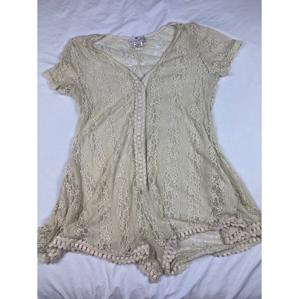 Muche et Muchette Cream Floral Lace Romper Boho Sheer Button Front One Size